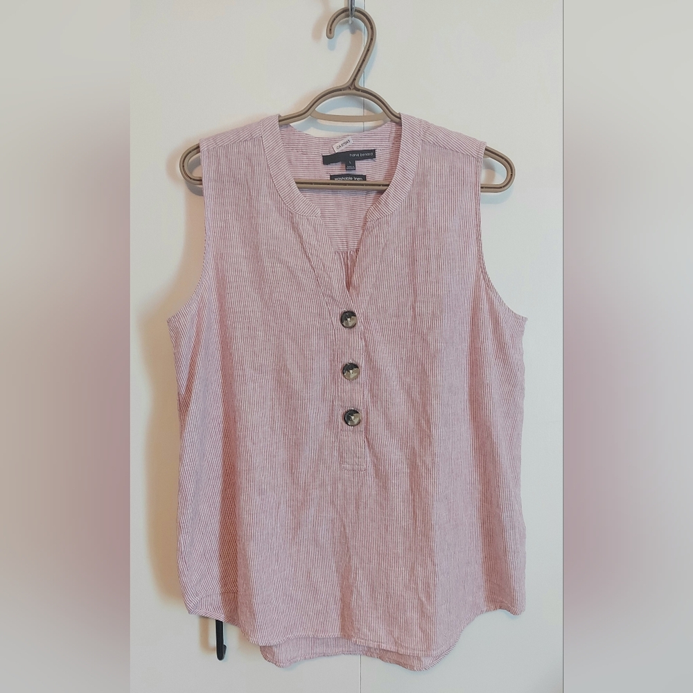 Harvé Benard Washable Linen top Pink White Pinstripe Women's Large Cotton Blend